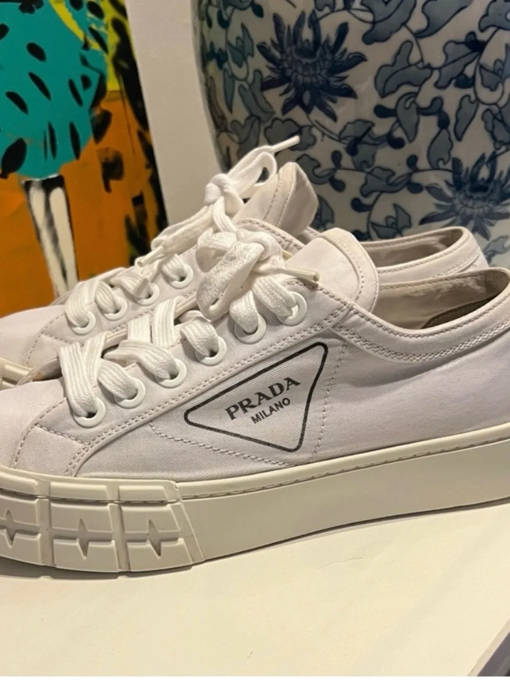 Prada Wheel Gabardine White Canvas Low-Top Sneakers with Logo Heel sz 37 1/2 - Picture 1 of 12
